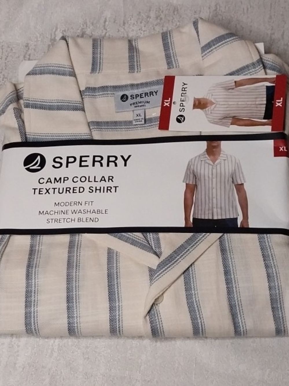Sperry Cream and Blue Striped Camp-Collar Button Down Shirt Mens XL - Picture 1 of 8